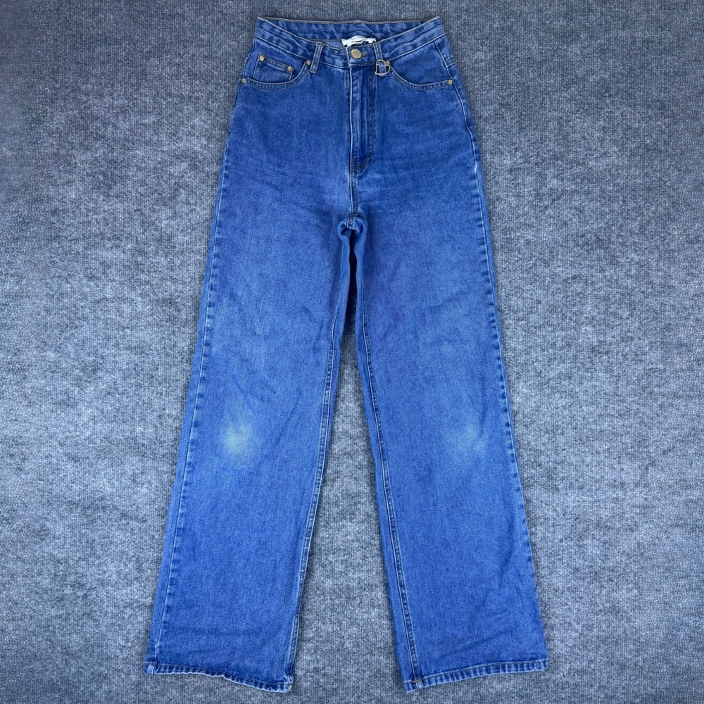 Lyn Around‎ Designer Blue Denim High Waisted Wide Leg Jeans Womens Heart Pockets